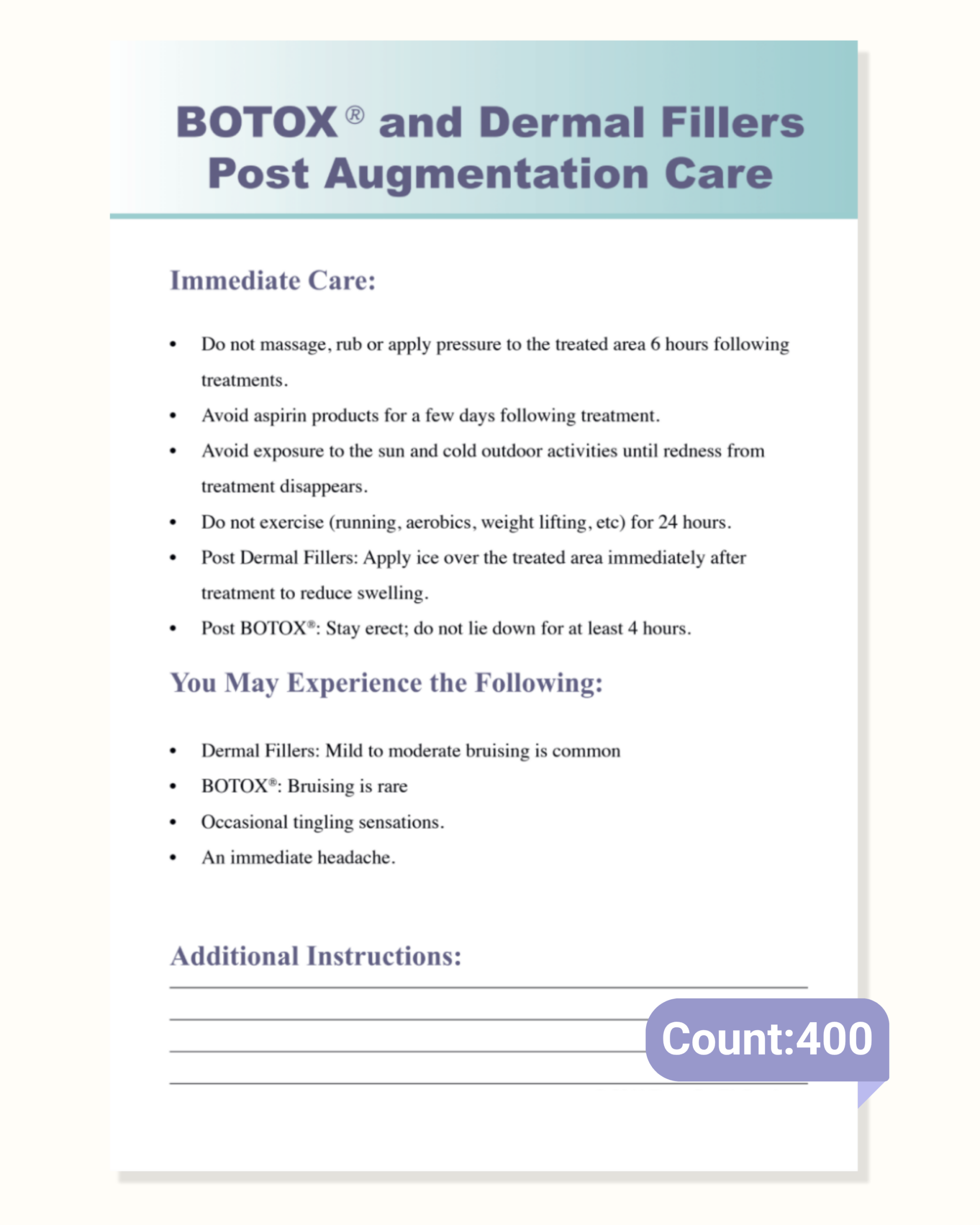Botox and Dermal Filler Post augmentation care sheet